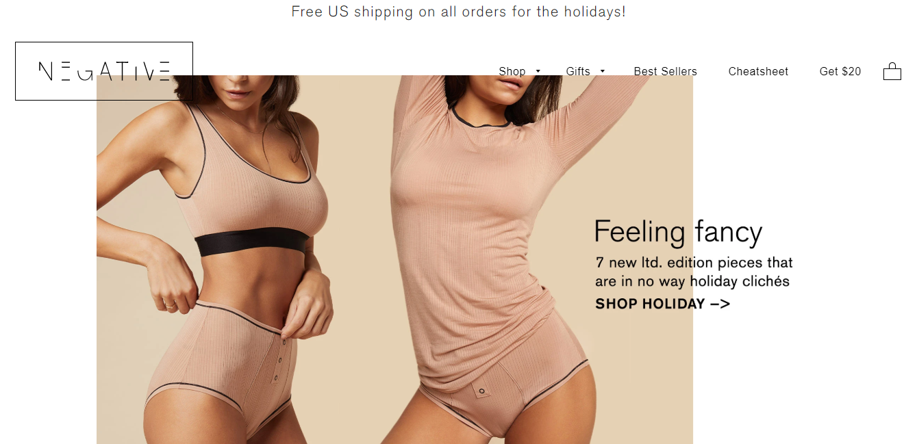 Negative Underwear como exemplo de site que utiliza Shopify