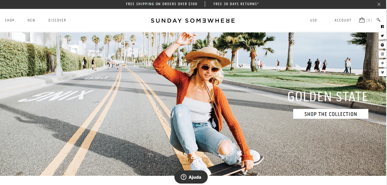 Sunday Somewhere como exemplo de site que utiliza Shopify
