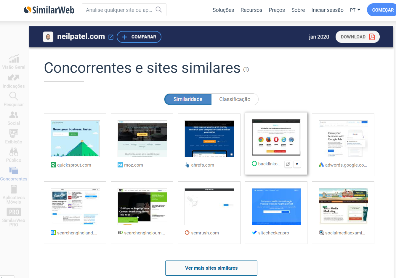 página de concorrentes dentro da plataforma SimilarWeb